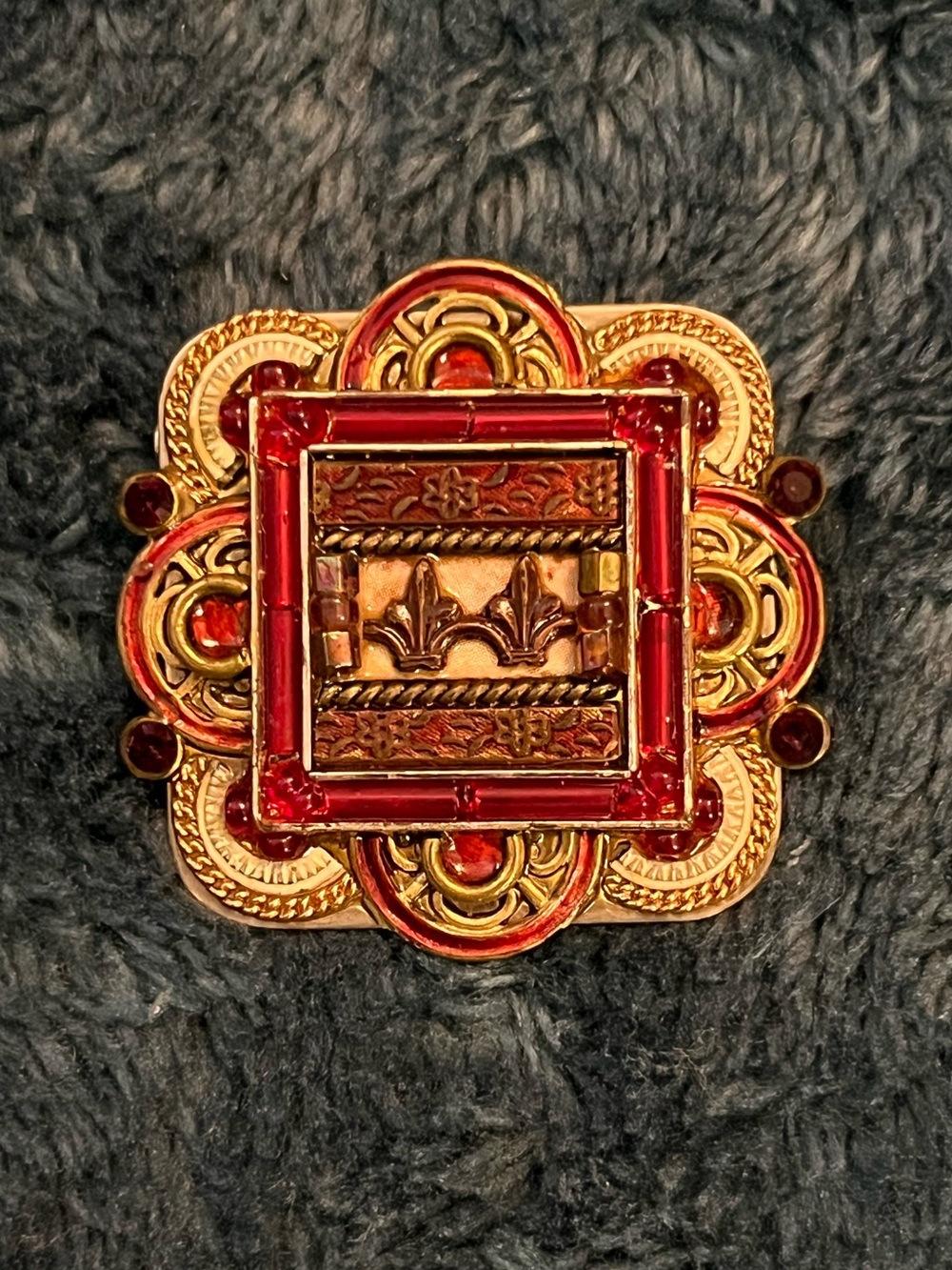Signed Adaya Ornate Gold-tone and Red Enamel Decorative Beaded Brooch
